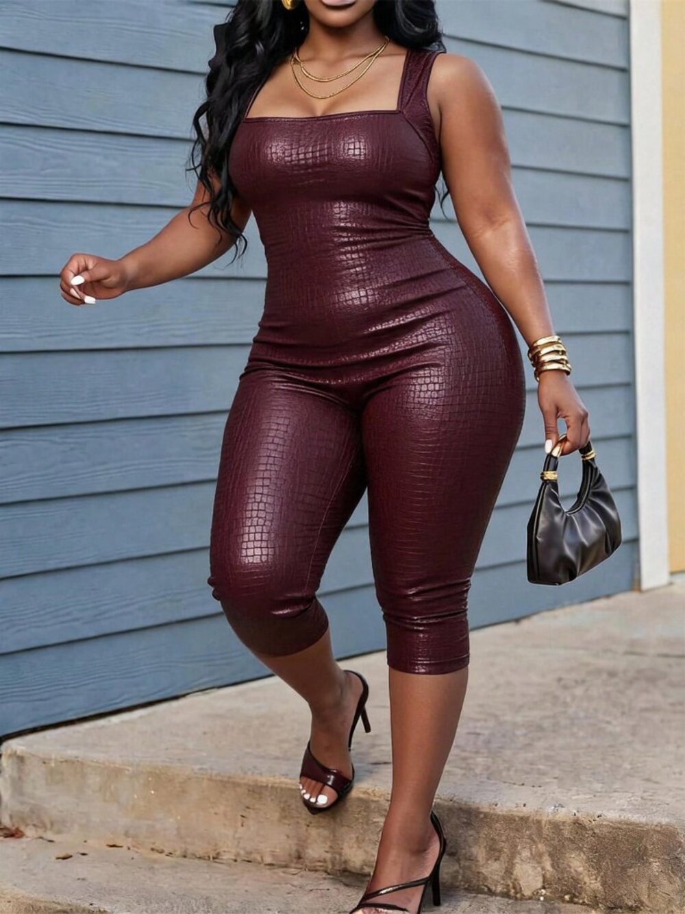 Burgundy Casual Women's Plus Size Faux Crocodile Texture Sleeveless Jumpsuit